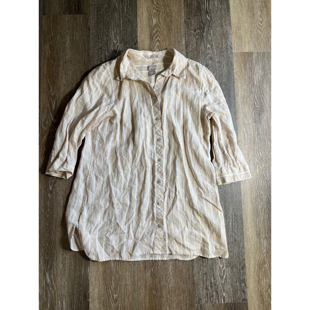 Chicos No Iron Striped Linen Blend Tunic Shirt Size 1 Beige White 3/4 Sleeve